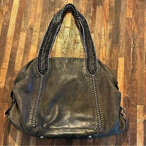 Dark Grey distressed soft leather woven straps boho handbag